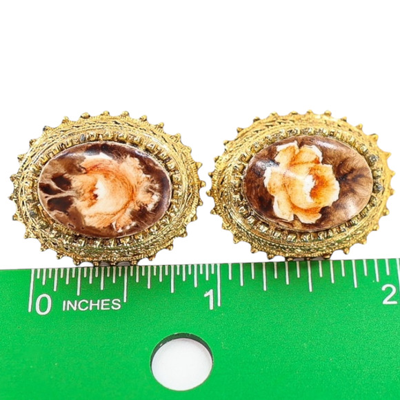 Vintage Florenza Hand-Painted Porcelain Cabs Clip On Earrings Ornate Gold Tone - Picture 14 of 14